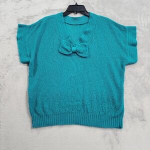 Vintage ADELE Knitwear Sweater‎ Womens L Blue V-Neck Bow Dolman Reversible 80s